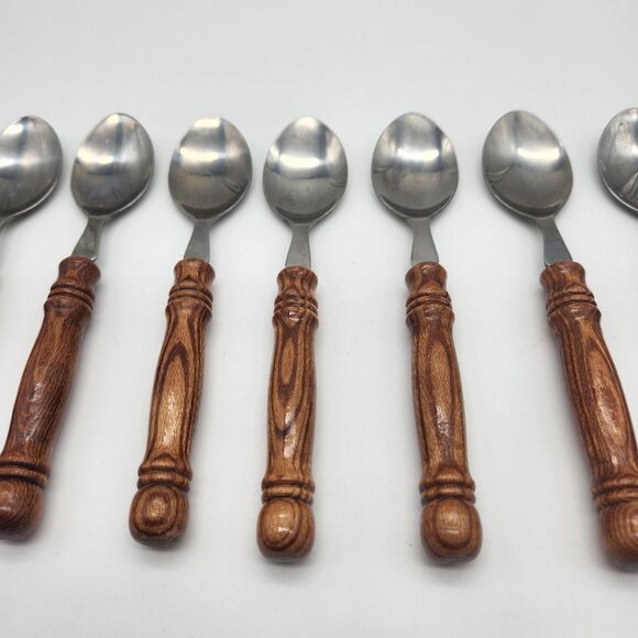 Vintage Set of 8 Wood Handle Stainless Spoons Made Taiwan Mid Century Cottage - Picture 3 of 11